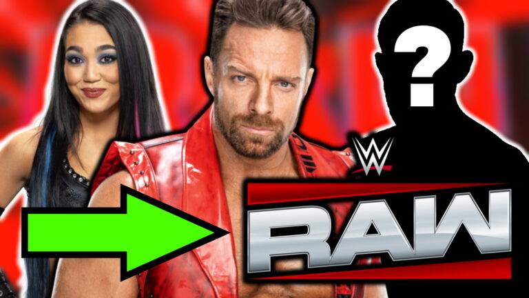 WWE Raw logo with LA Knight and Roxanne Perez