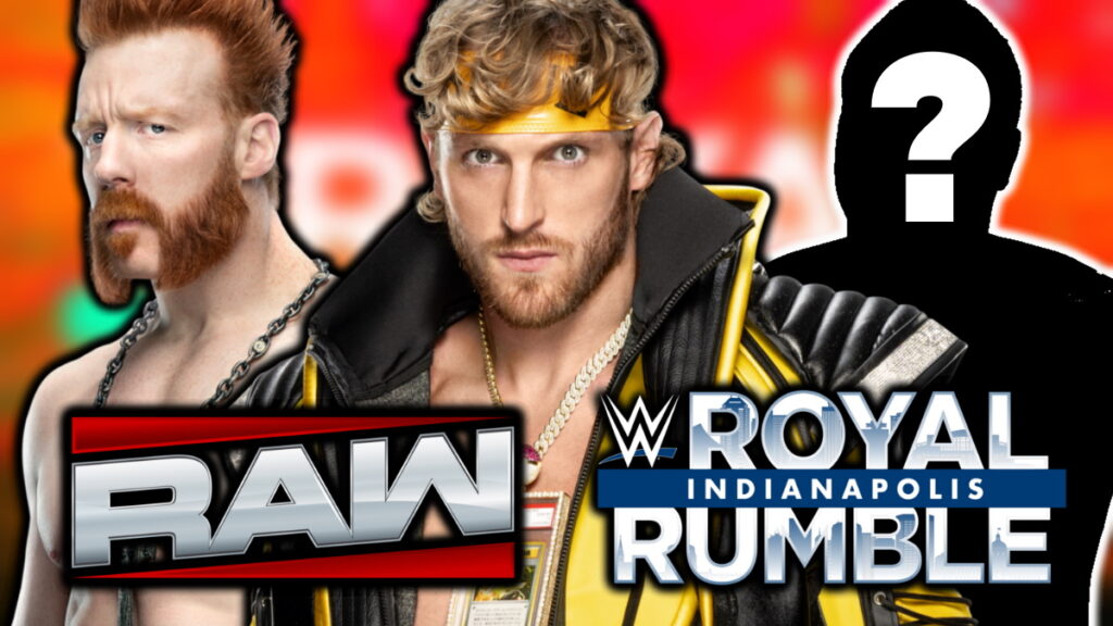 WWE Raw and Royal Rumble logos with Logan Paul and Sheamus