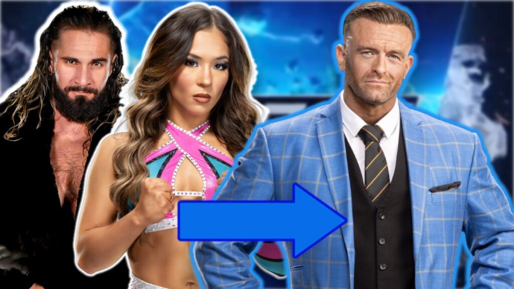 WWE SmackDown GM Nick Aldis with Lola Vice and Seth Rollins