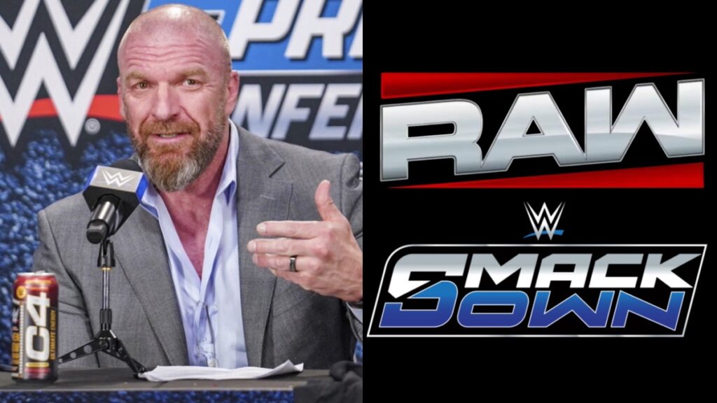Triple H with WWE Raw and SmackDown logos