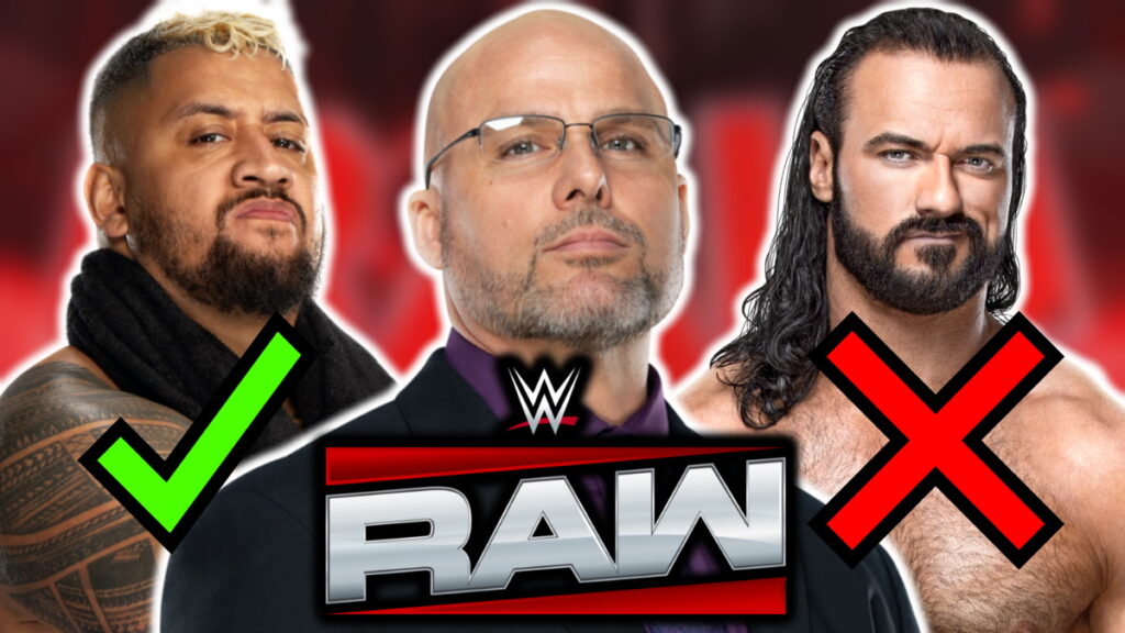 WWE Raw logo with Adam Pearce, Solo Sikoa and Drew McIntyre