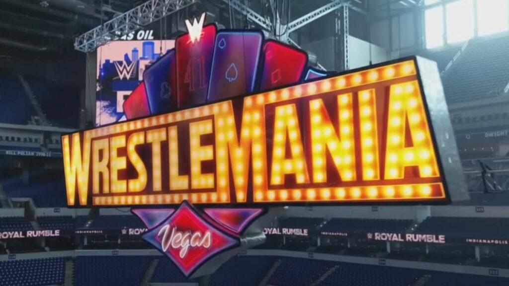 WWE WrestleMania 41 logo sign at Royal Rumble 2025.