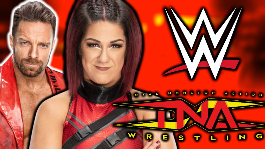 WWE and TNA Wrestling logos with Bayley and LA Knight