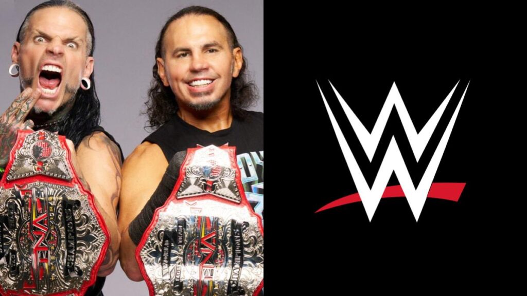 Matt and Jeff Hardy holding the TNA Tag Team Championship, next to a WWE logo.