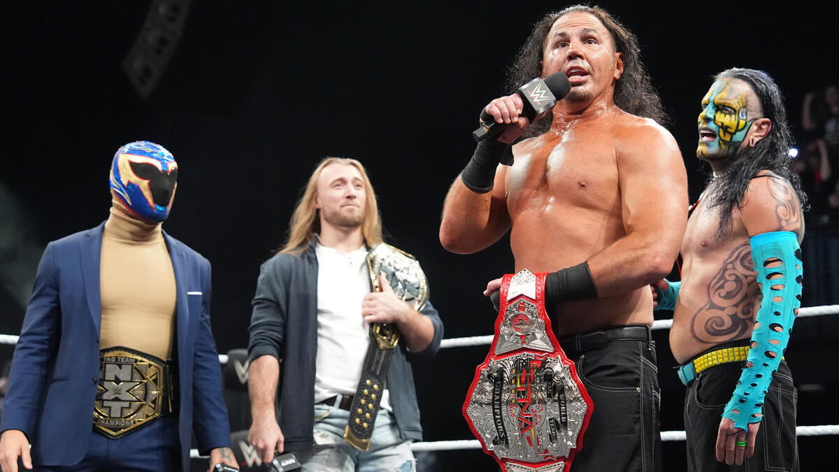 TNA Wrestling stars Matt and Jeff Hardy in an NXT ring with WWE stars Nathan Frazer and Axiom