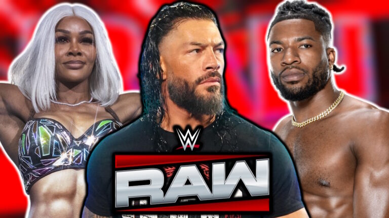 WWE Raw logo, Roman Reigns, Jade Cargill and Trick Williams
