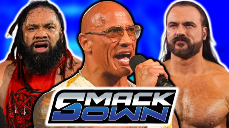 WWE SmackDown logo, The Rock, Jacob Fatu and Drew McIntyre