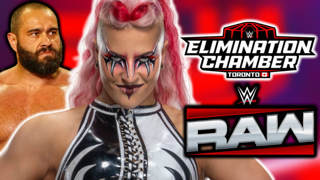 WWE Raw and Elimination Chamber logos with Zaria and Miro