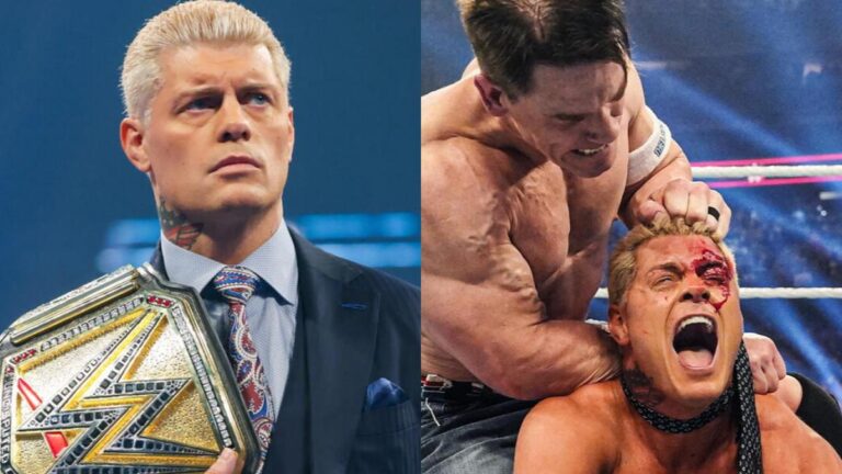 Cody Rhodes next to John Cena attacking Cody Rhodes at WWE Elimination Chamber