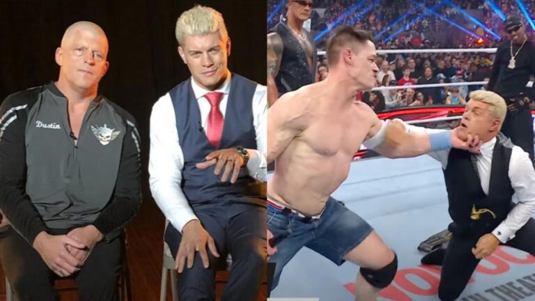 Dustin Rhodes, Cody Rhodes next to John Cena attacking Cody Rhodes at WWE Elimination Chamber
