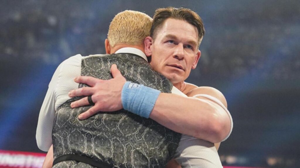 WWE star John Cena hugging Cody Rhodes before his heel turn