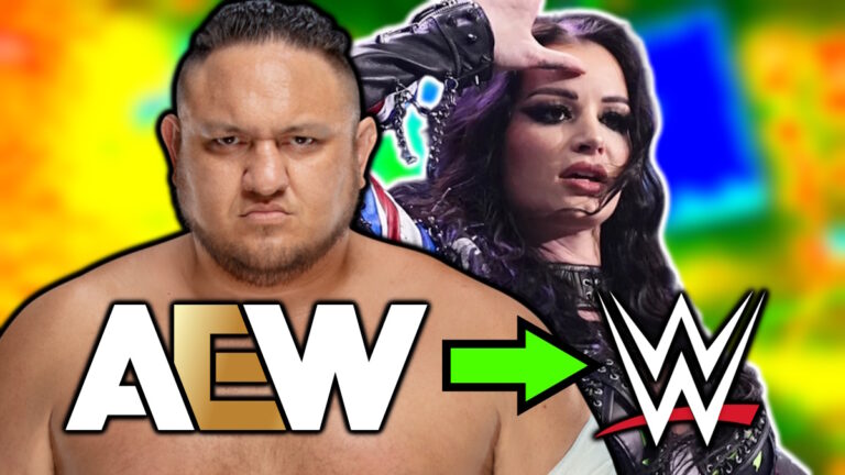 AEW and WWE logos with Samoa Joe and Paige/Saraya