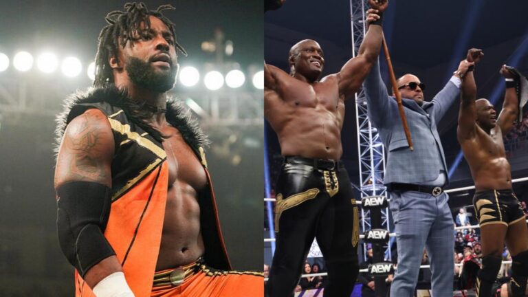 Cedric Alexander in WWE next to the Hurt Syndicate in AEW