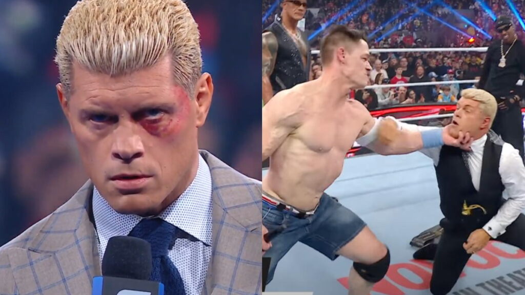 WWE stars Cody Rhodes, John Cena, The Rock, and Travis Scott