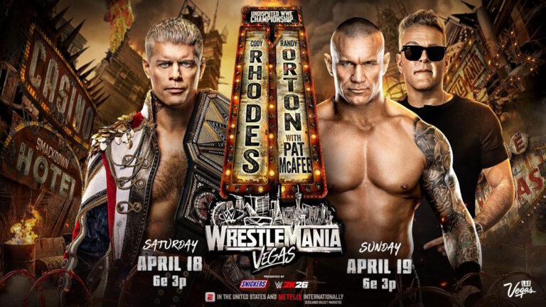 WWE WrestleMania 42 match graphic for Cody Rhodes vs Randy Orton with Pat McAfee