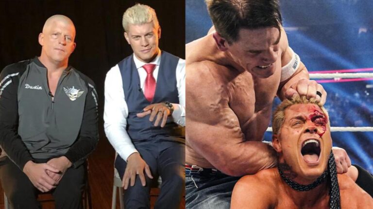 Dustin Rhodes and Cody Rhodes in AEW, next to John Cena attacking Cody Rhodes in WWE.