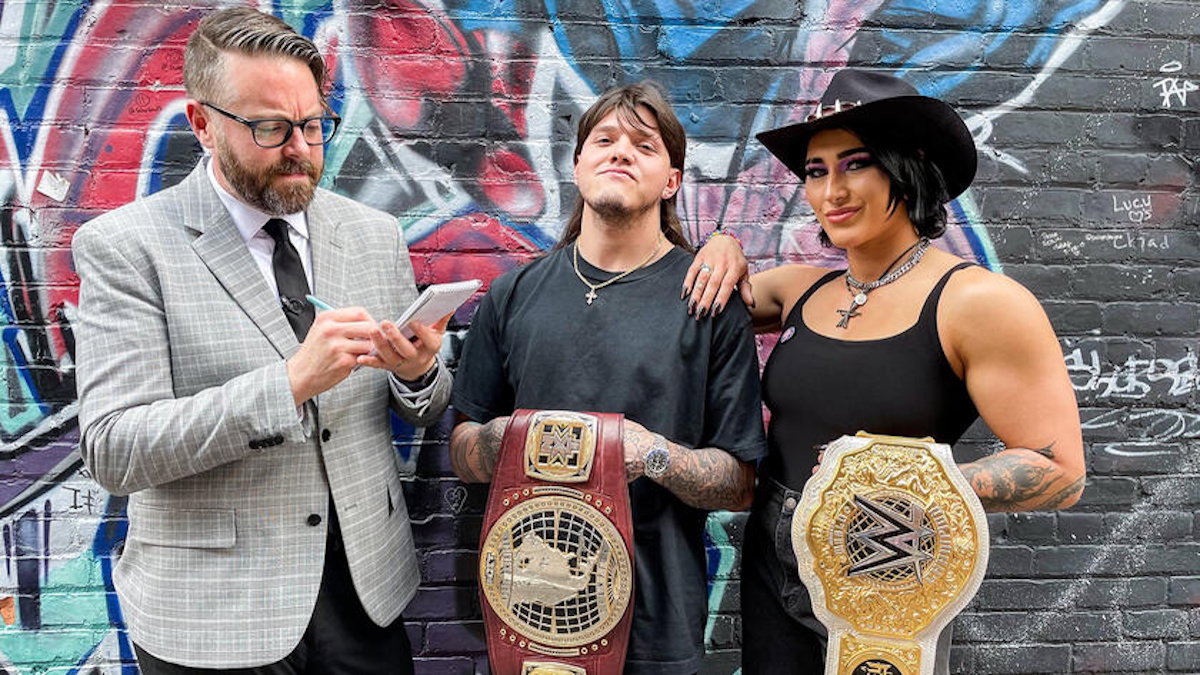 Greg Miller with WWE stars Dominik Mysterio and Rhea Ripley