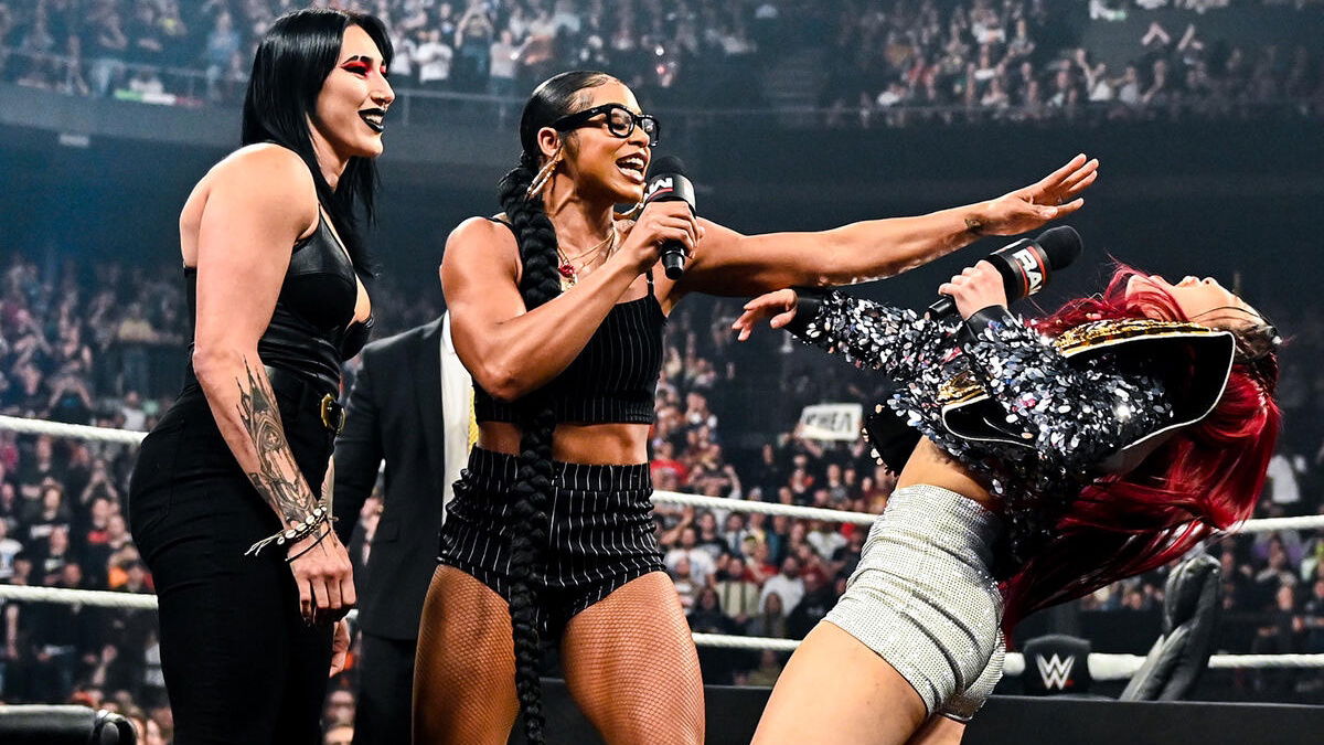WWE stars Bianca Belair, Rhea Ripley and IYO SKY