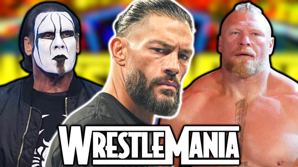 WWE WrestleMania logo, Roman Reigns, Sting and Brock Lesnar