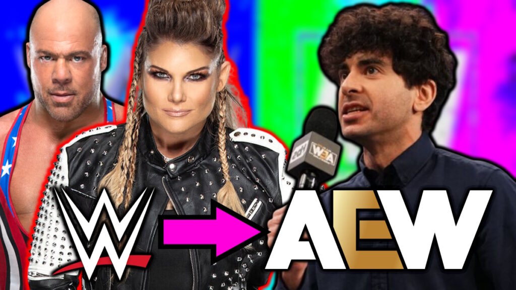 WWE and AEW logos with Kurt Angle, Beth Phoenix and Tony Khan