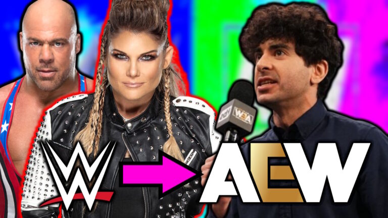 WWE and AEW logos with Kurt Angle, Beth Phoenix and Tony Khan