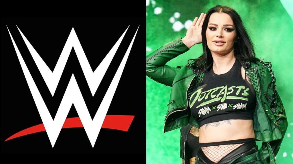 WWE logo and Saraya (fka Paige)