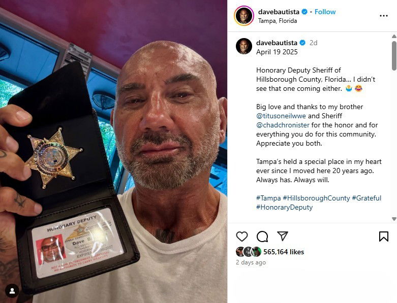 Honorary Deputy Sheriff Dave Bautista Insta/davebautista