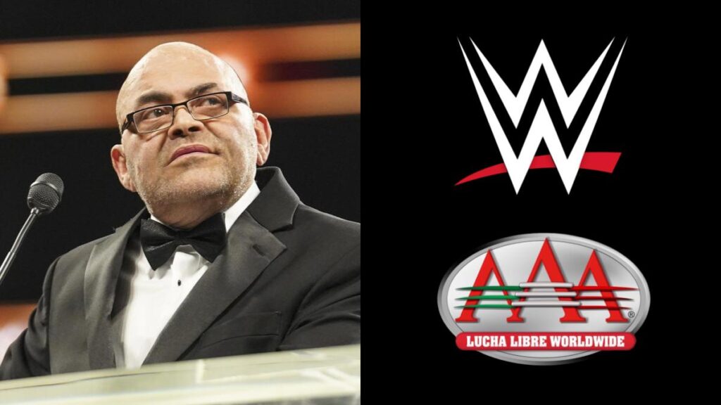 Konnan next to WWE and AAA logos