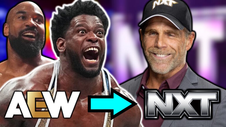 AEW and WWE NXT logos with Powerhouse Hobbs, Scorpio Sky and Shawn Michaels