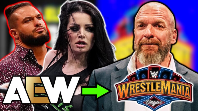 WWE WrestleMania 41 logo and AEW logo with Wardlow, Paige (Saraya) and Triple H