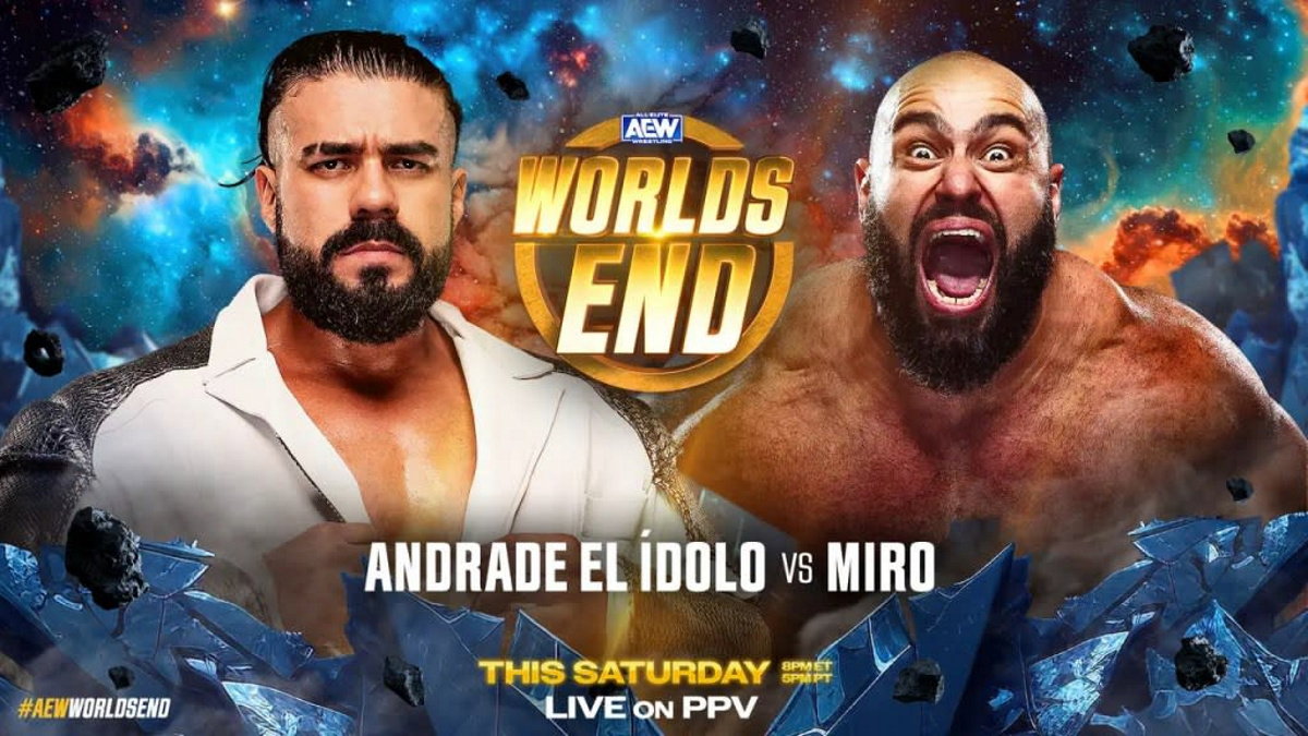 AEW Worlds End match graphic for now WWE stars Andrade and Rusev (Miro)