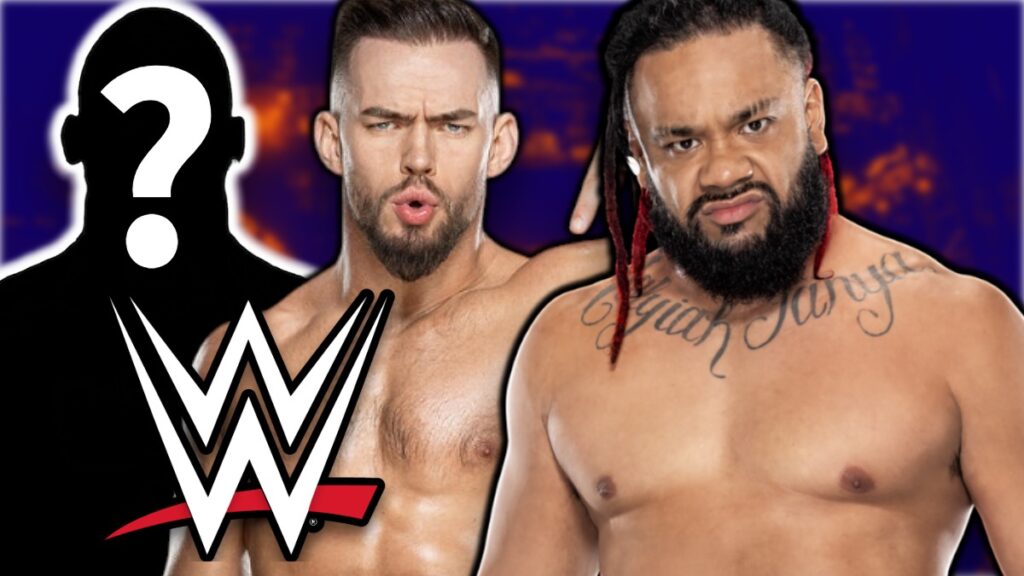 WWE logo, Austin Theory and Jacob Fatu