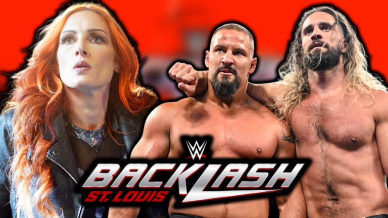WWE Backlash logo, Becky Lynch, Bron Breakker and Seth Rollins