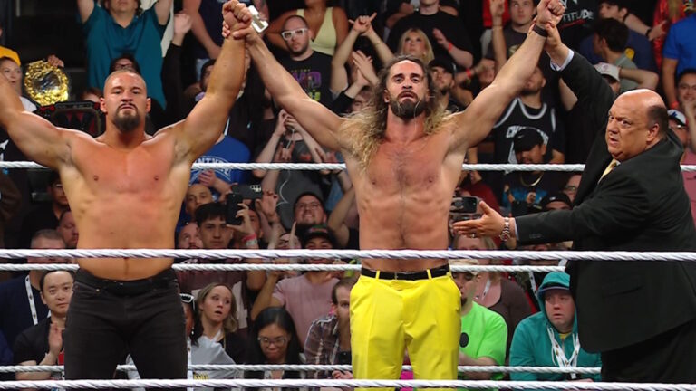 WWE stars Bron Breakker, Seth Rollins and Paul Heyman