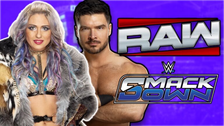 WWE NXT stars Giulia and Ethan Page alongside Raw and SmackDown logos