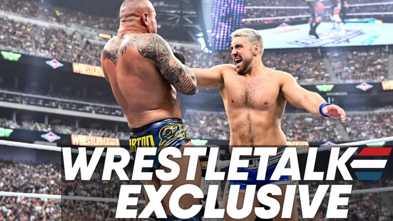WWE stars Joe Hendry and Randy Orton with WrestleTalk Exclusive logo