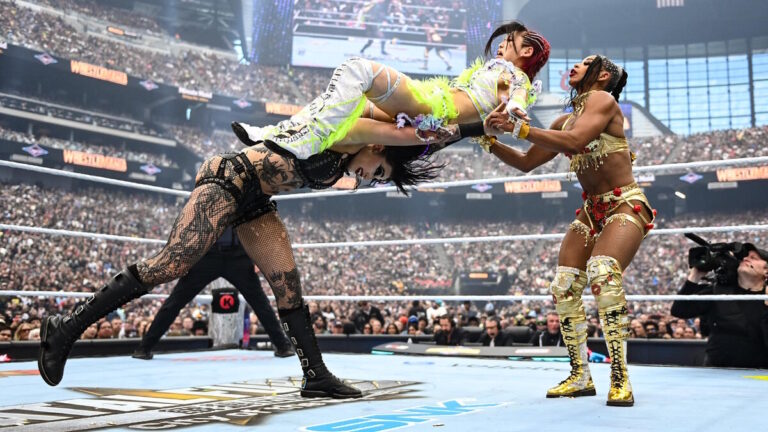 WWE stars Rhea Ripley, Bianca Belair and IYO SKY
