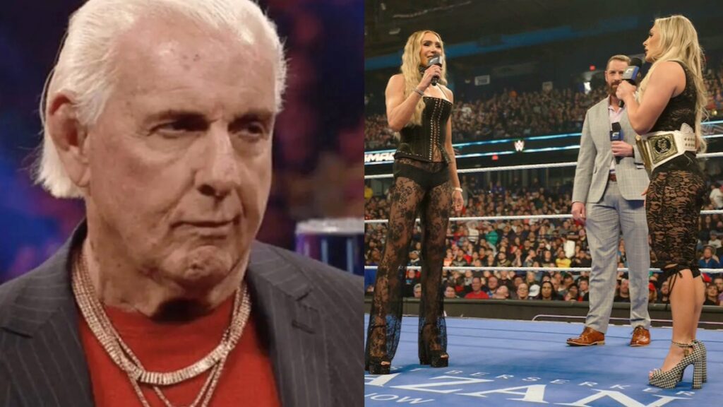 Ric Flair alongside WWE SmackDown Charlotte Flair and Tiffany Stratton segment