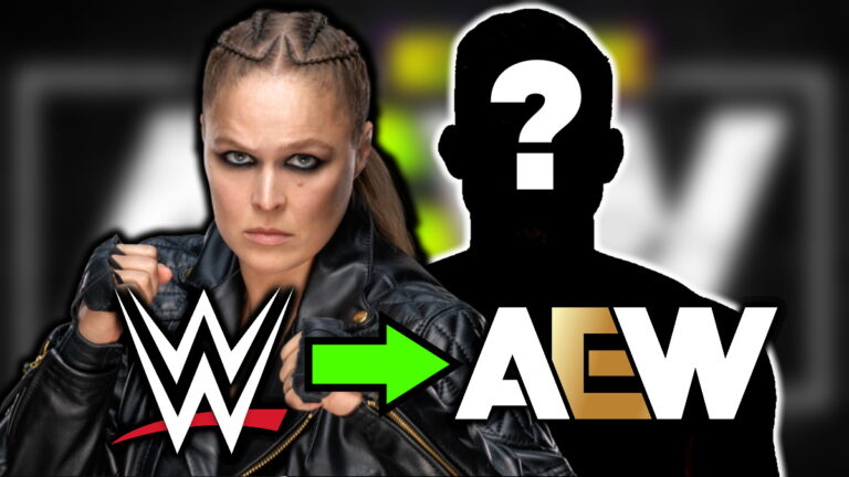 Former WWE star Ronda Rousey and AEW logo