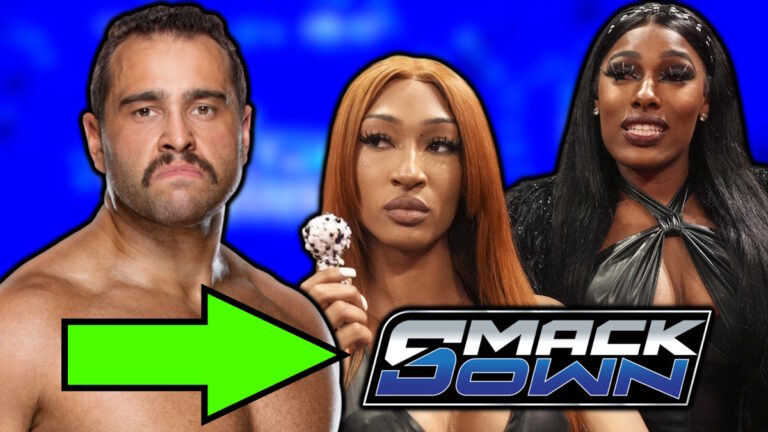 WWE SmackDown logo, Rusev (Miro) and Jakara Jackson & Lash Legend