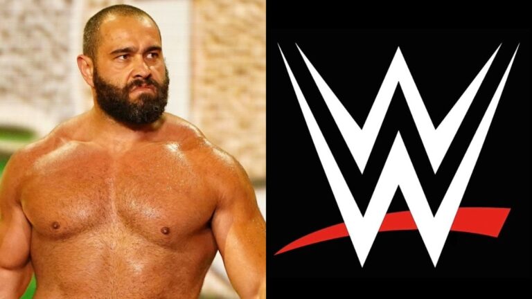 Rusev and WWE logo