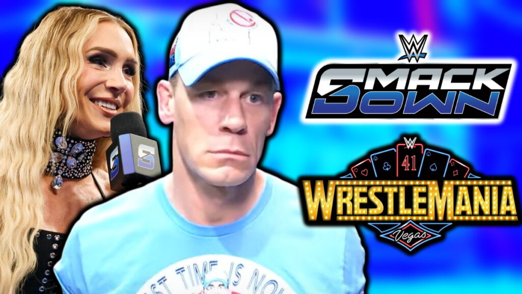 WWE WrestleMania 41 and SmackDown logos, John Cena an Charlotte Flair