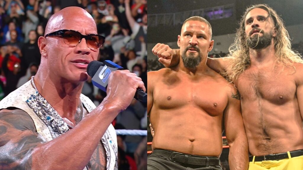 The Rock and WWE stars Bron Breakker and Seth Rollins on Raw