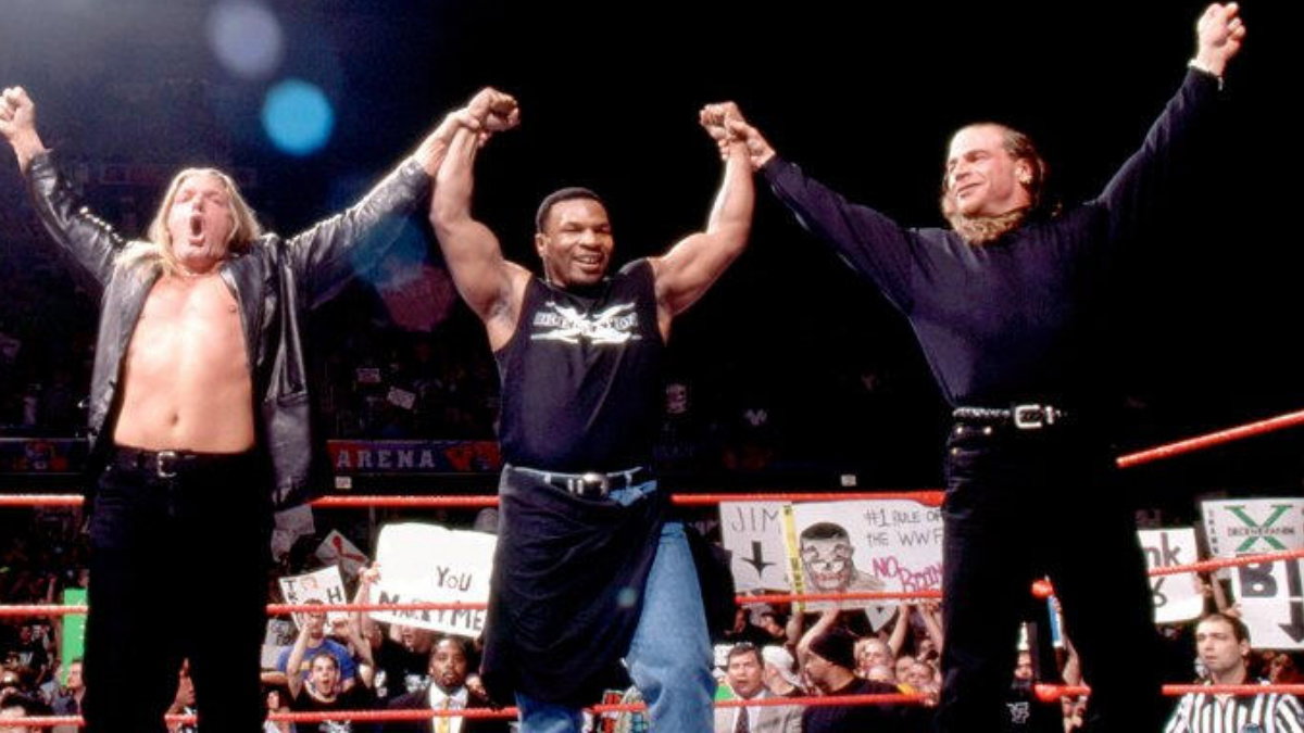 WWE stars Triple H and Shawn Michaels with Mike Tyson