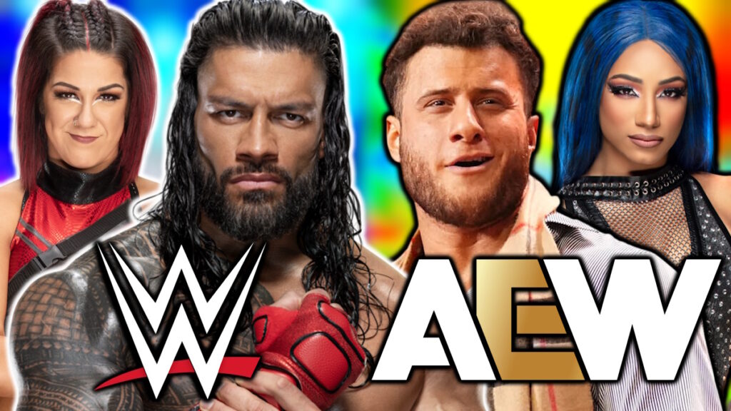 WWE logo with Roman Reigns and Bayley, and the AEW logo with MJF and Mercedes Mone