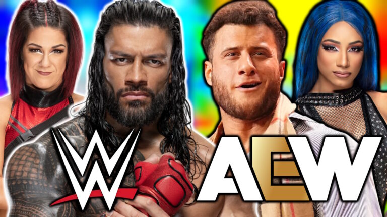 WWE logo with Roman Reigns and Bayley, and the AEW logo with MJF and Mercedes Mone