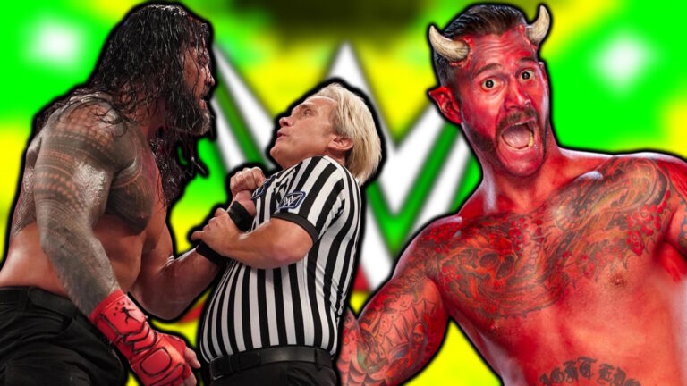 WWE logo, Roman Reigns, referee Charles Robinson and CM Punk