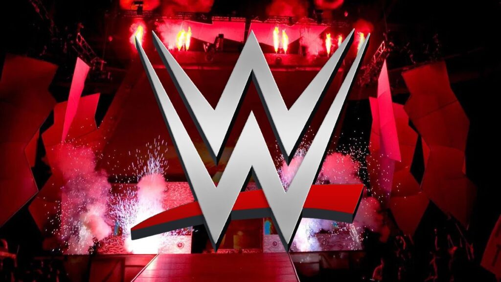 The WWE logo over entrance pyro.