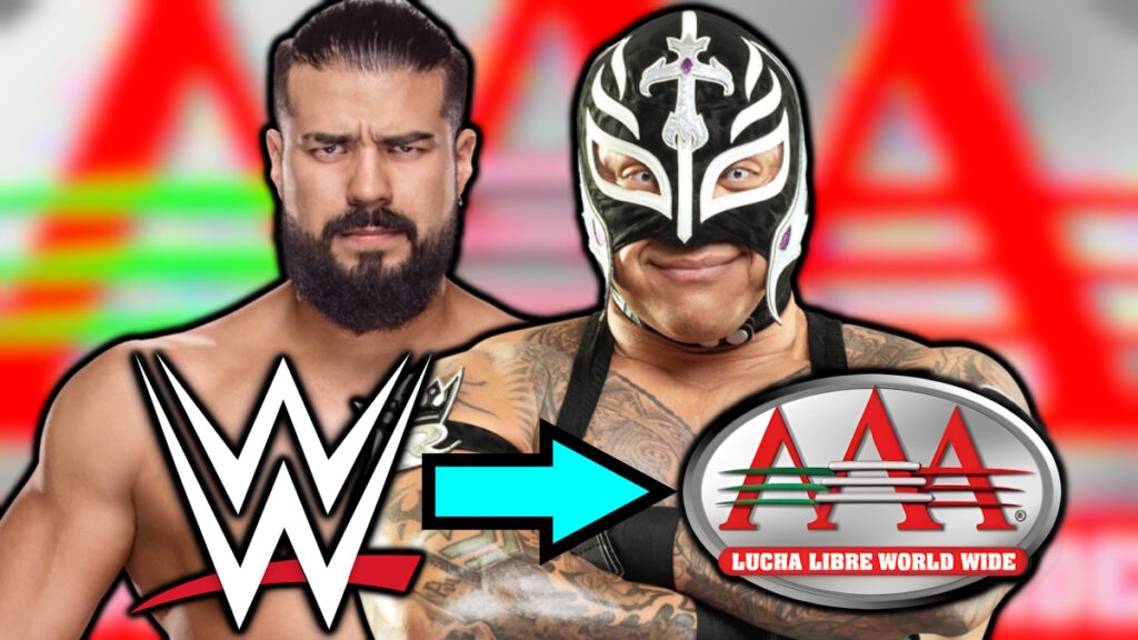 WWE and AAA logos, Rey Mysterio and Andrade