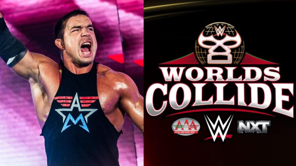 Chad Gable next to the WWE AAA Worlds Collide logo